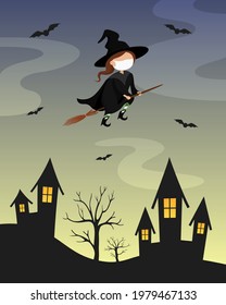 Witch in protective mask flying on broomstick over town. Cartoon. Vector illustration.