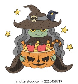 Witch with pumpkin and candies. Halloween trick or treat game. Girl with green skin wearing witch costume. Cartoon vector illustration