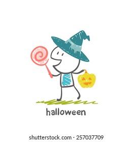 witch and pumpkin with candy on Halloween, illustration