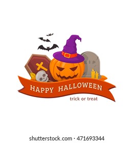 Witch pumpkin and cemetery. Halloween party badge design. Eps 10 vector illustration