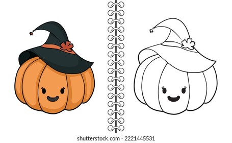Witch Pumpkin. Coloring book, outline and doodle cute pumpkin characters. Halloween, trick or treat coloring book page activity for kids and adults. Hand drawn vector illustration. 