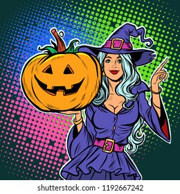 witch with pumpkin. Halloween Party. Pop art retro vector illustration vintage kitsch
