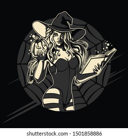 Witch and Pumpkin Halloween Vector Illustration 3 colours