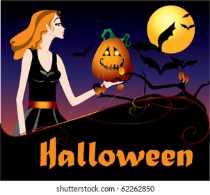 Witch with a pumpkin in a hand against the night sky
