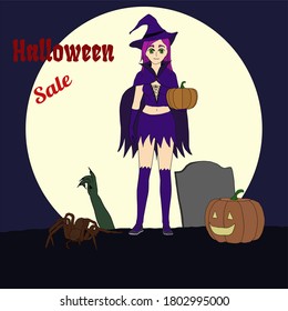 A witch with a pumpkin in her hand who stands in front of a full moon, above it is written Helloween Sale