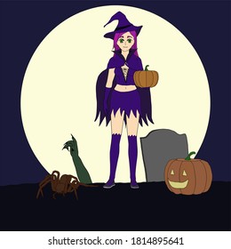 A witch with a pumpkin in her hand who stands in front of a full moon