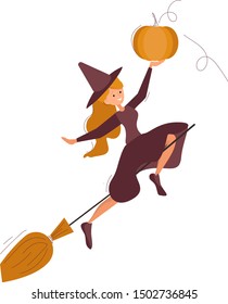 Witch with a pumpkin in his hand flies on a broomstick. Lettering Halloween.cartoon witch flies on a broomstick