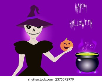 witch and pumpkin with inscription happy halloween