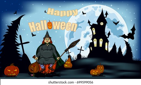 witch, pumpkin, moon, vector, bat, tower, cross, stars, Inscription - happy halloween
