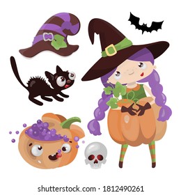 WITCH PUMPKIN Mystic Wizard Holiday Halloween Cartoon Hand Drawn Flat Design Girl Vector Illustration Set For Print