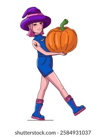 Witch with pumpkin on white background. Modern witch. Vector illustration.