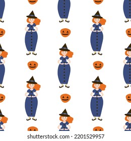 Witch and pumpkin pattern in simple style on white background. Vector image to use as print in clothing or background