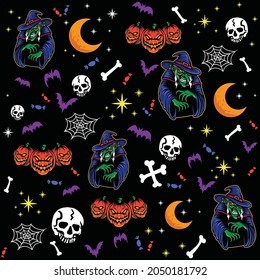 witch pumpkin skulls halloween pattern vector design