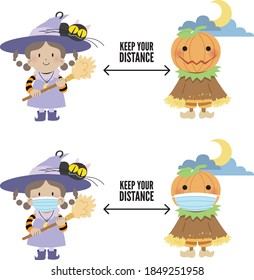 Witch and Pumpkin. Social Distancing during Halloween. Preventing from covid-19 by social distancing.