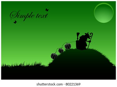 A witch with pumpkins, broom, crutch, and stood on a hill under a full moon
