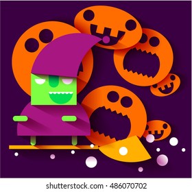 witch with pumpkins flat design volumetric shadows 3d vector