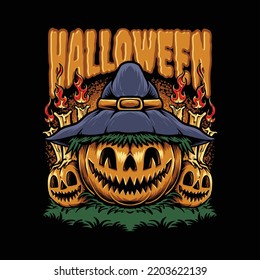 witch pumpkins halloween vector illustration