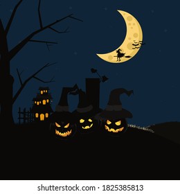 Witch and pumpkins at the night graphic design vector illustration. Halloween series