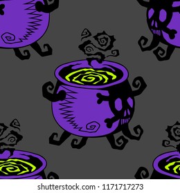 Witch purple cauldron with boiling potion, vector Halloween seamless pattern. Design background for party poster. Hand drawn cartoon illustration. Objects isolated over dark grey.
