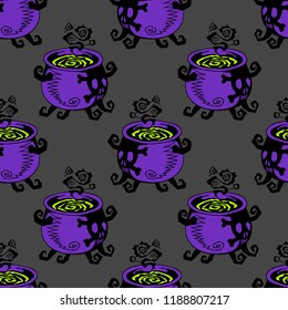 Witch purple cauldron with boiling potion, vector Halloween seamless pattern. Design background for party poster. Hand drawn cartoon illustration. Objects isolated over dark grey.