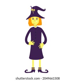 A witch in a purple dress and a hat with toadstools, shod in shoes. The Halloween character is smiling, she has red hair and is insanely adorable. 