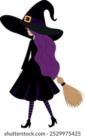 Witch with purple hair, in black and purple dress, holding broom, illustration, pattern