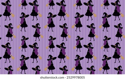 Witch with purple hair, in black and purple dress, holding broom, illustration, pattern