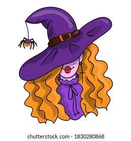 Hexe in einem violetten Hut mit der Spinnenseide. Halloween-Hexe, Vektorgrafik