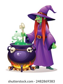 Witch in purple robe stirs cauldron with green potion. Vector cartoon illustration