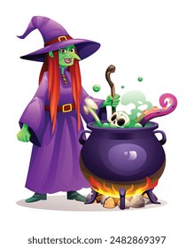 Witch in purple robe stirs cauldron with green potion, skull and tentacle. Vector cartoon illustration