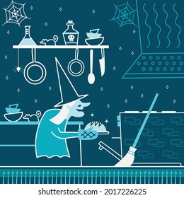 The witch puts baking bread in an oven in her kitchen where there are a lot of kitchen utensils hanging such as pan, knife, spoon, and potion, bowls on the shelf