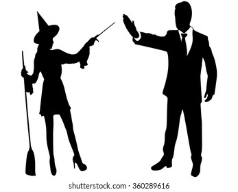 witch putting a spell on a man who showing stop gesture