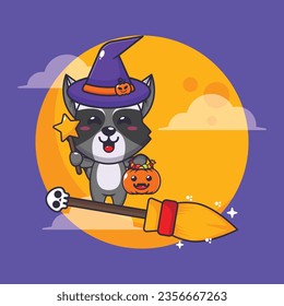 Witch raccoon fly with broom in halloween night. Cute halloween cartoon illustration. 