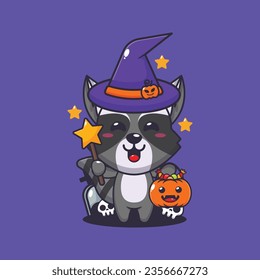 Witch raccoon in halloween day. Cute halloween cartoon illustration. 