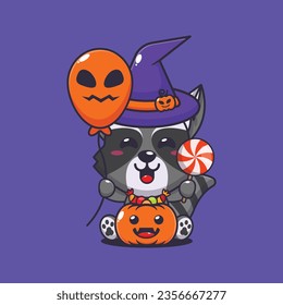 Witch raccoon holding halloween balloon and candy. Cute halloween cartoon illustration. 