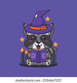 Witch raccoon reading spell book. Cute halloween cartoon illustration. 