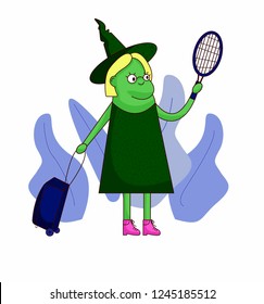 witch with racket and suitcase. illustration flat