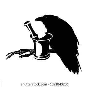 witch raven bird with mortar and human skeleton hand - halloween theme dark magic potion ingredients vector design set