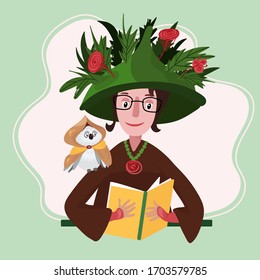 Witch is reading book. Magical woman in big hat with leaves and flowers conjures. Sorceress with wizard owl look in the book.