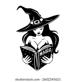 Witch reading magic book. Black and white illustration perfect for Halloween, silhouette, clipart, tattoo design, sticker, cut file, digital art.
