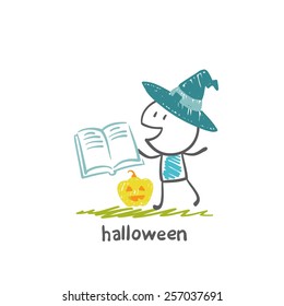witch reads the book potion on Halloween illustration