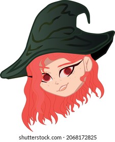 A witch with red curls on a transparent background with a green hat