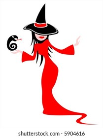 Witch in a red dress with the snake in a hand on a white background.