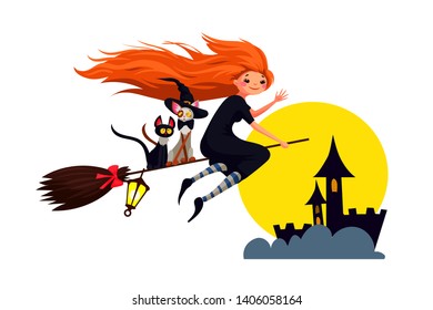 Witch with red hair and 2 funny cats fly on  broom to celebrate Halloween