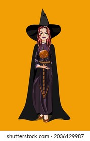 A witch with red hair in a pointed hat and a black robe casts a spell on a Halloween pumpkin. Vector illustration.