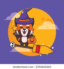 Witch red panda fly with broom in halloween night. Cute halloween cartoon illustration.