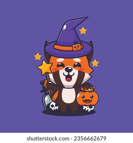 Witch red panda in halloween day. Cute halloween cartoon illustration.