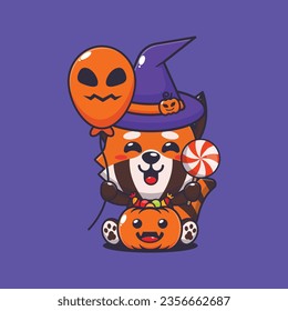 Witch red panda holding halloween balloon and candy. Cute halloween cartoon illustration. 