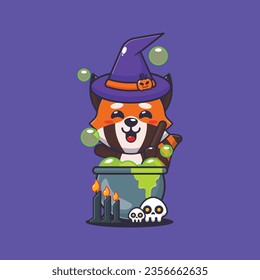 Witch red panda making potion in halloween day. Cute halloween cartoon illustration. 