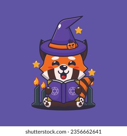 Witch red panda reading spell book. Cute halloween cartoon illustration.